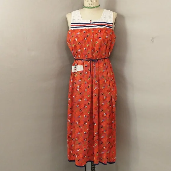 Vintage Dresses | 50s Vintage Shift Dress Red Cotton Eyelet Trim Sleeveless Fifties Print Kitchy | Color: Blue/Red | Size: XL | Pm-32239210'S Closet
